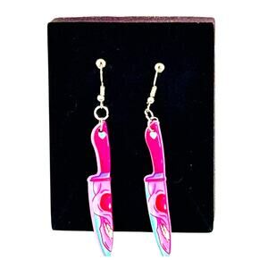 Bright Pink Skull Butcher Knife Dangle Earrings Goth Alt
